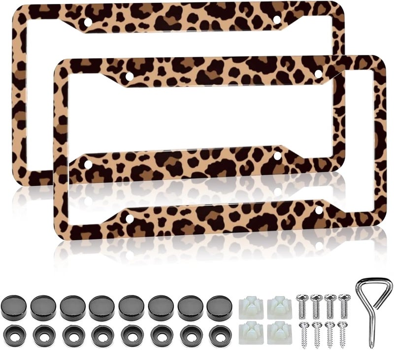 LIN KANG Leopard Print License Plate Frame - 2 Pack Animal Brown Leopard Cheetah Print Tags Frames Holder Covers, Car Decorative Tag Frames for Standard US Canada License Plate Holder 4 Holes 12x6 Inch - Image 1